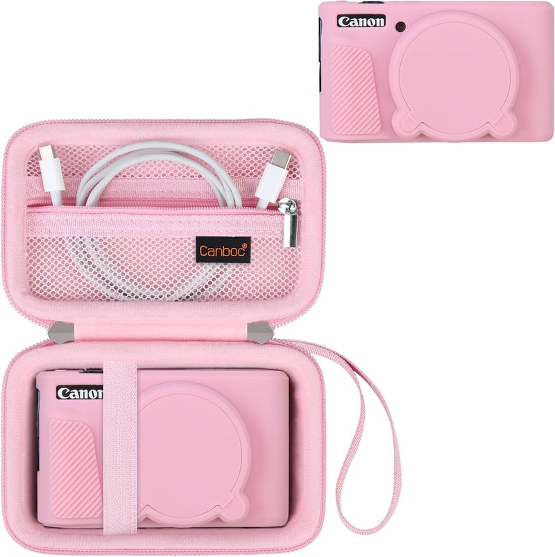 Canboc Case for Canon PowerShot SX740/SX730, Hard Carrying Case + Soft Silicone Protective Cover with Removable Lens Cover, Pink - Image 1